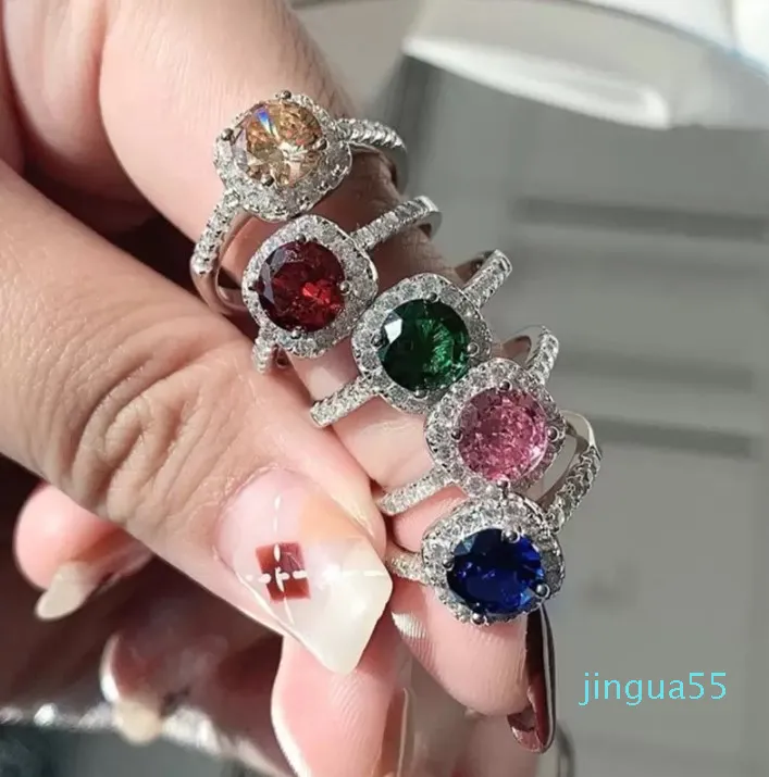 Najlepsza jakość 925 Srebrne Prąki projektanta luksusowe pierścionki ślubne biżuteria dla kobiet 5a Cubic Cyrronia Blue zielony różowy diament nigdy nie zanikał z pudełkiem