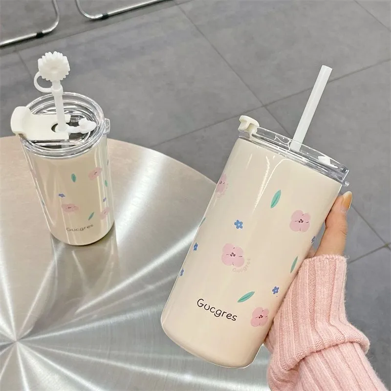 Water Bottles Cute Flower Stainless Steel Thermos Bottle 480ML Home Office Thermal Insulation Water Milk Tea Cup Portable Outdoor Straw Cup 230320