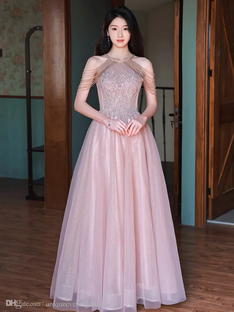 ピンクホルタータッセルプロムドレスオフショルダーアップリケラインQuinceanera Beading Fancy Sequingin Slim Evening Party Gowns Birthday