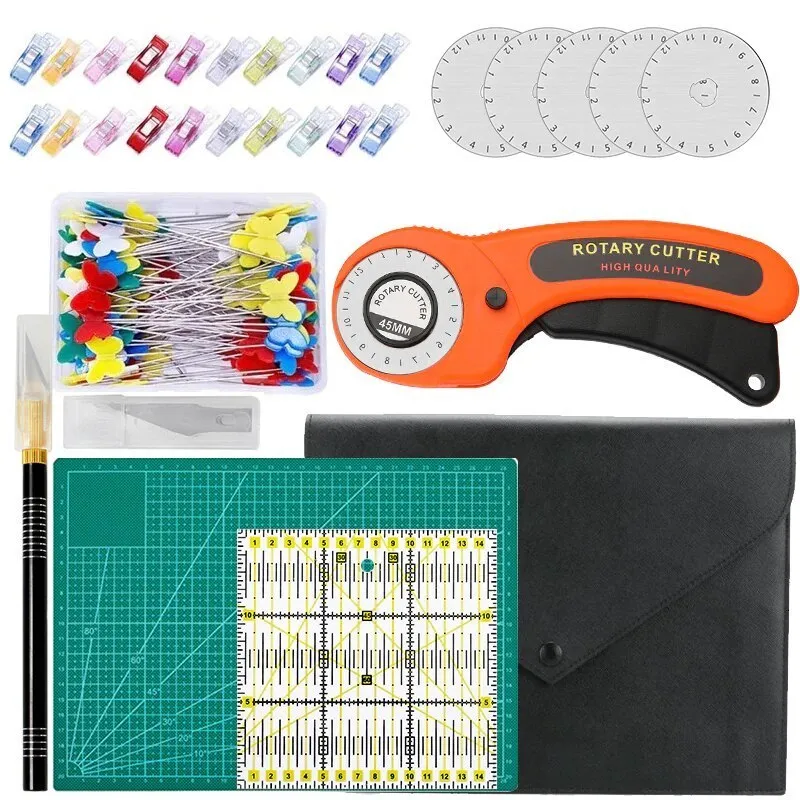 Cutting Mat Nonvor 95Pcs 45mm Rotary Cutter Kit with 5pcs Blades Patchwork Ruler Carving Knife Sewing Clips for Fabric 230320