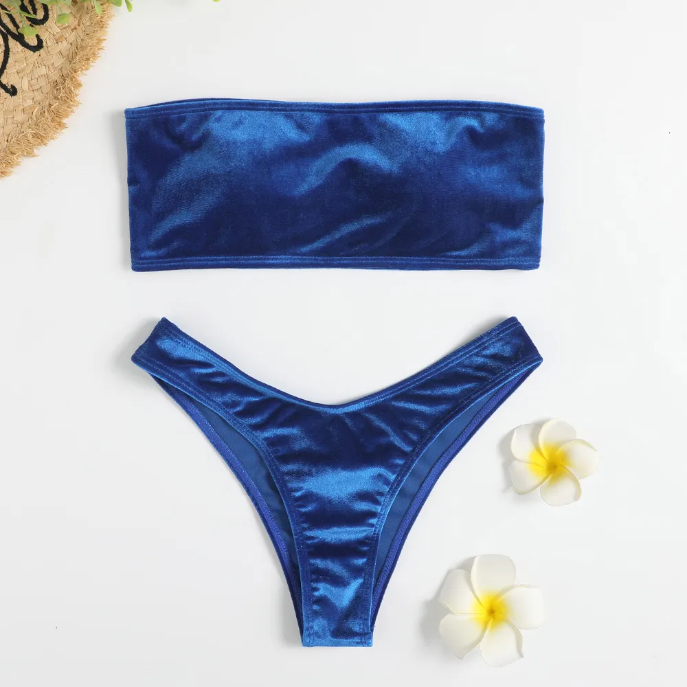 Women's Swimwear Velvet Thong Bikinis Women Brazilian Swimsuit Solid Sexy Bandeau Swimming Swimwear Female Beachwear Bathing Suit 230317