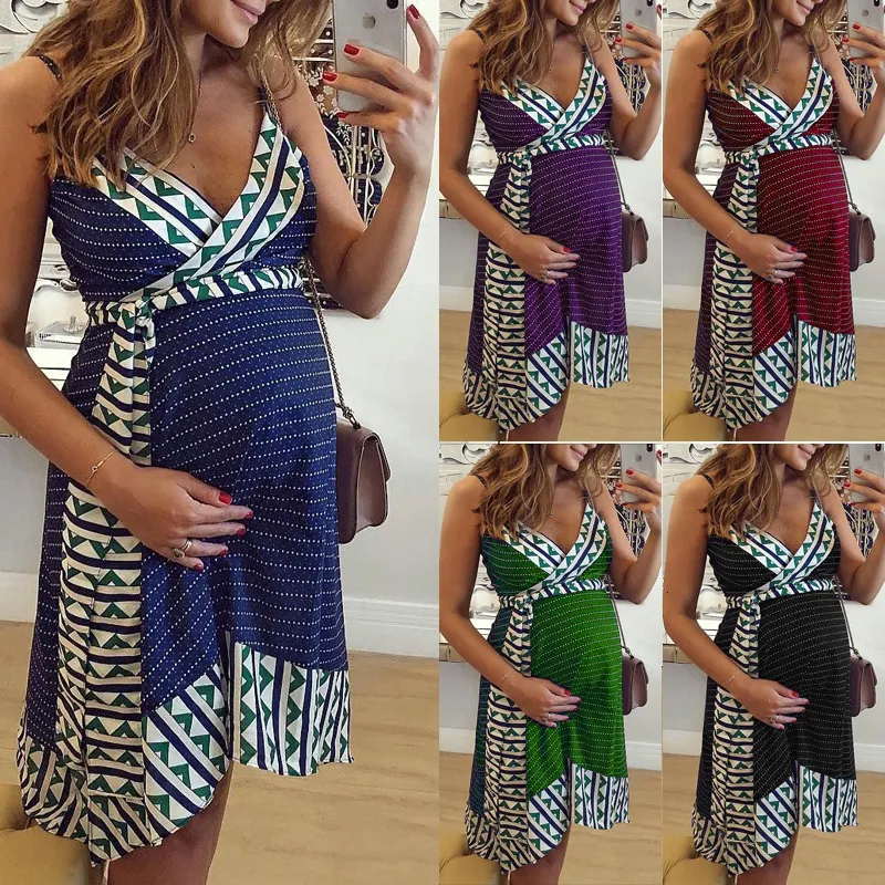 Maternity Dresses Pregnant Woman Dress Sexy Sleeveless Summer Sundress Vestidos Loose Clothes Print Vneck High Waist Skirt 230320