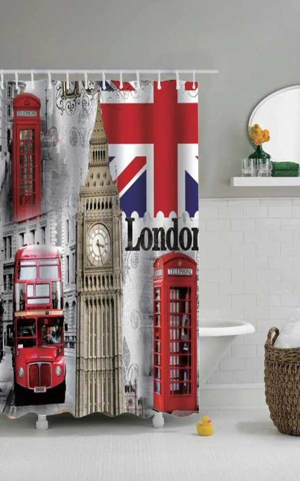 Dafield London Shower Curtain British Big Ben UK Jack Flag Phone Boot Tower Bridge London City Street Shower Curtain7600122