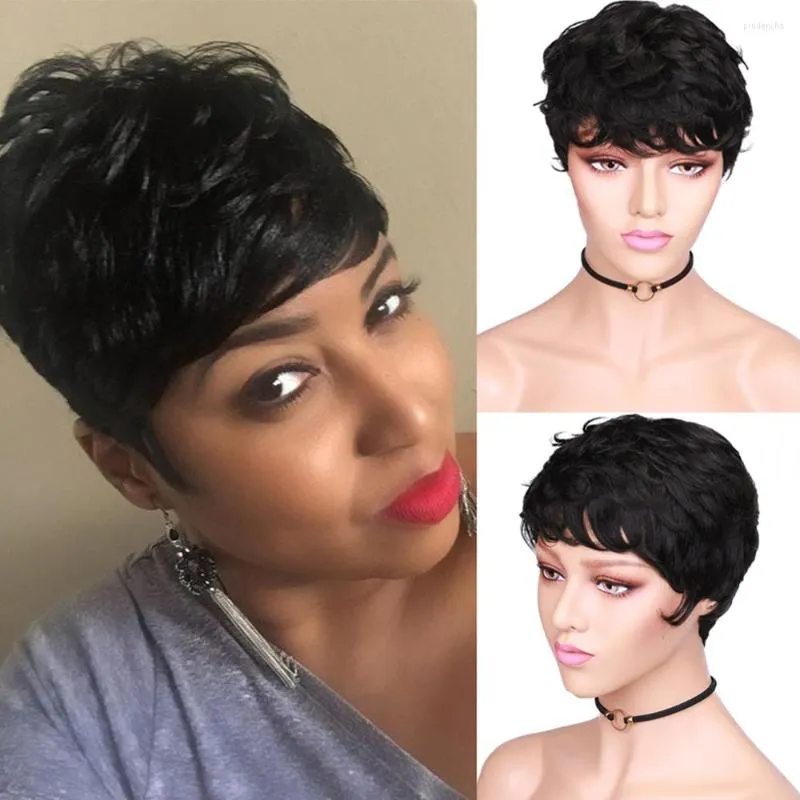 Human Hair Wigs Short Wet And Wavy Remy Wig Curly Pixie Cut With Bangs Black Brazilian None Lace