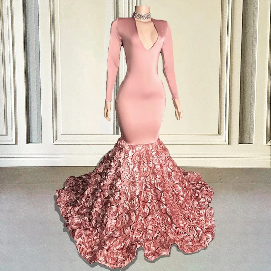 Bean Pink Sirena Celebrity Prom Dress 2023 Scollo a V maniche lunghe 3D Fiori in pizzo Abiti da sera convenzionali per feste Ragazza africana Robe De Soiree