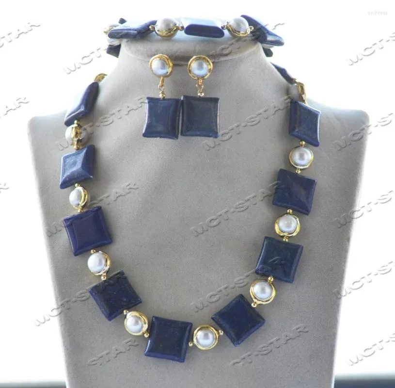 Pendant Necklaces Z12472 Set 20mm Blue Square Coin Lapis Lazuli Pearl Necklace Bracelet Earring