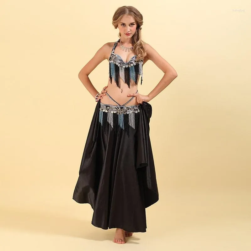 Stage Wear Women Belly Dance Costume Sets Ladies National Dancing Performance Clothes 3 Piece Bra Belt Skirt Black