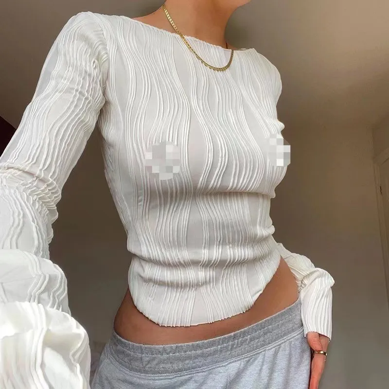 T-shirt donna manica lunga crop top Y2K vestiti 2023 autunno casual increspato bianco magro nero base tee corsetto pullover maglietta