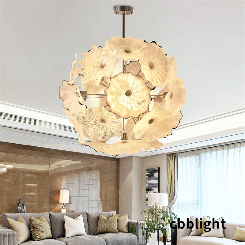 Lampy wiszące Ręcznie wysadzony szklany żyrandol biały kolor 32*32 cale borokrzemowe szklane Lotus Liść Talerz żyrandol żyrandol Hotel Hotel Bar Holiday Lighting LR1435