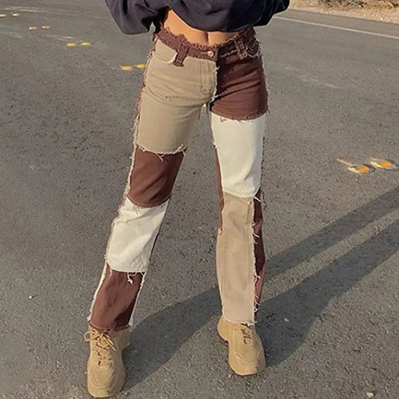 Jeans femininos outono marrom mulheres cowboy listrado retalhos jeans rua casual hip hop cintura alta solta jeans retos calças de moda feminina 230317
