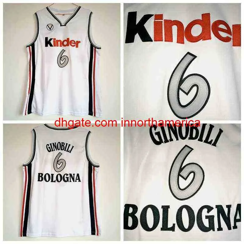 Manu Ginobili maillot # 6 Virtus Kinder Bologne maillots De basket-ball européens pour hommes cousus blanc Camiseta De Baloncesto