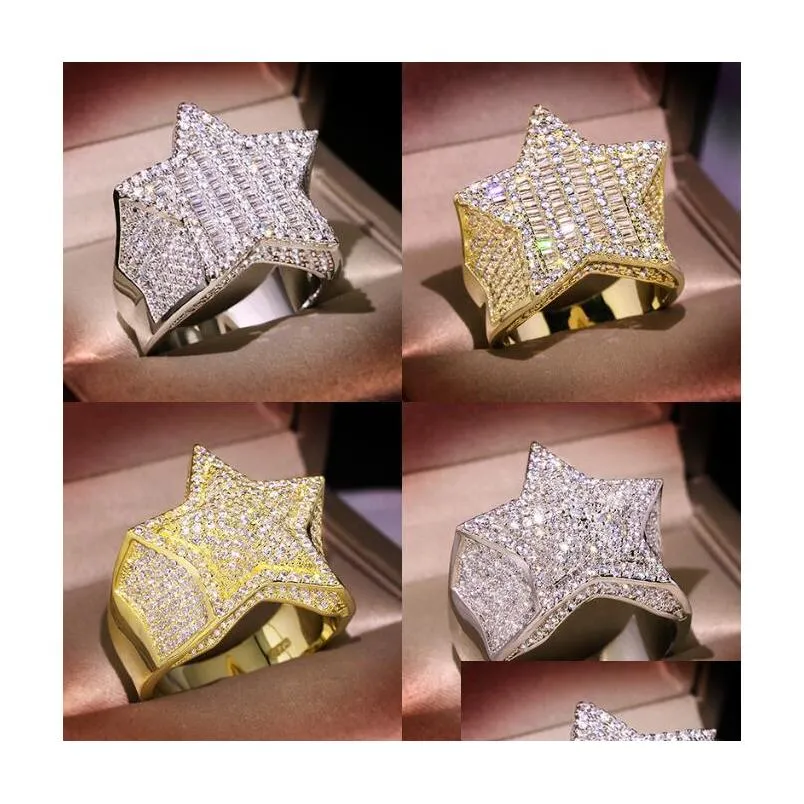 Avec des pierres latérales Gold Sier Ring Haute Qualité Hip Hop Bling Cubic Zirconia Fivepointed Star Anneaux Pour Hommes Femmes Bijoux Drop Delivery Dhk4P
