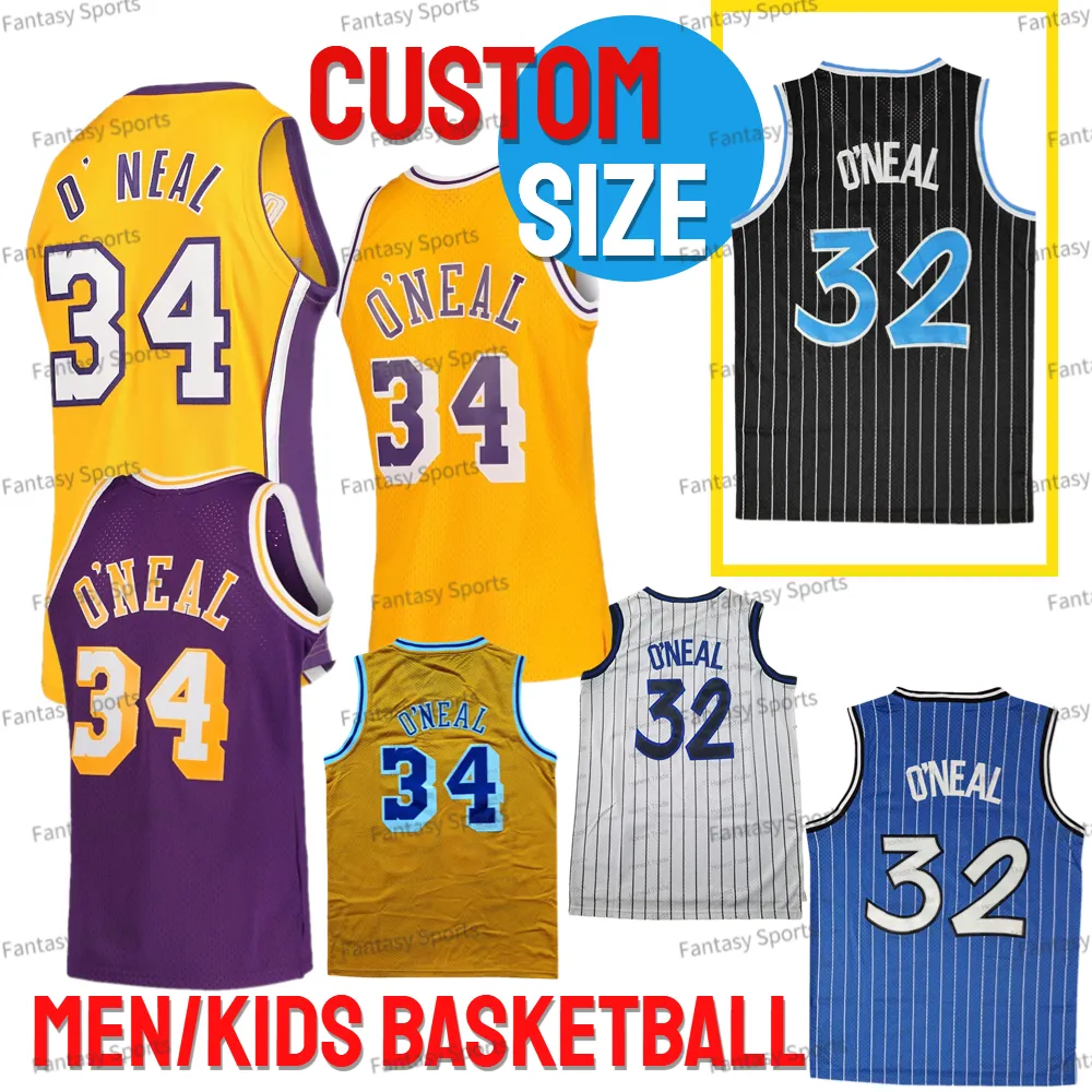 Custom Vintage 34 Shaquille ONeal Jersey 32 Shaq Retro Basketball Maglie Giallo Viola Uomo Taglia 3XL 4XL Youth S M L XL Cucite Maglie taglia grande