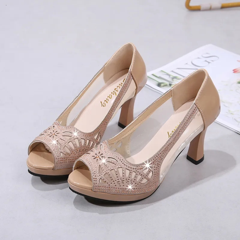 Dress Shoes Summer Woman Pumps Bling Open Toe Dress Shoes Slip-On High Heels Hollow Out Women Sandals office Spike Heels mujer Ladies Shoes 230320