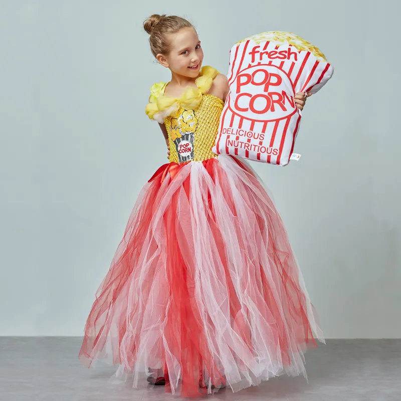 Circus Popcorn Girl Tutu Dress Carnival Birthday Party Wedding Flower Sequin Ball Gown Costume Kids  Corn Food Tulle Dress (2)