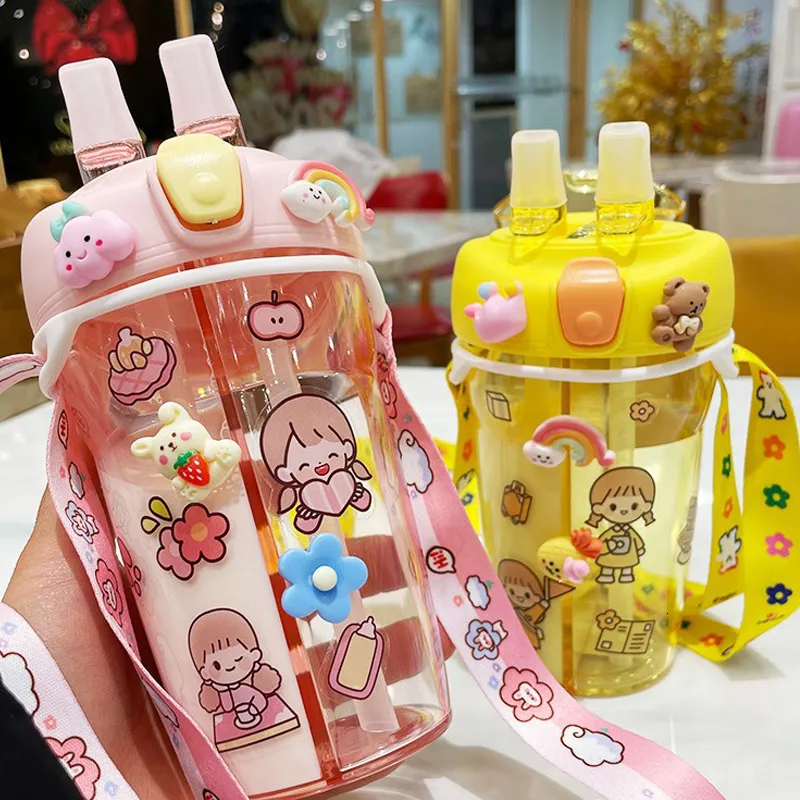 Water Bottles 430ml Cute Children Double Drinking Straw Portable Student Couple Plastic Cup Gift School Kids 230320