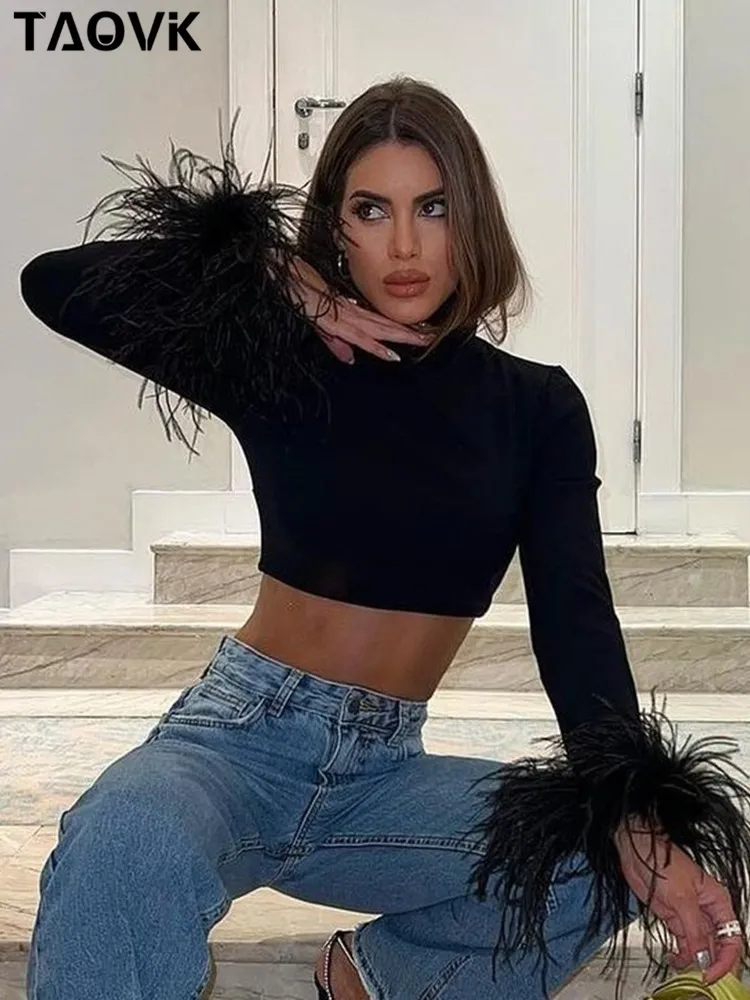 Women's TShirt TAOVK Basic Black Tshirts Ladies Turtleneck Crop Tops Fit Skinny Long Sleeve Ostrich Feather Streetwear Outfits 230317