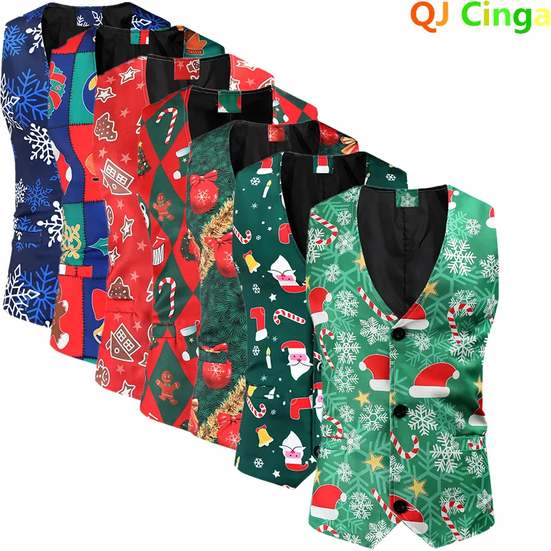 Coletes masculinos QJ CINGA Verde Sem Mangas Impresso Colete Casaco Masculino Único Breasted Com Decote Em V Coletes De Natal Moda Casual Homens Colete 230320