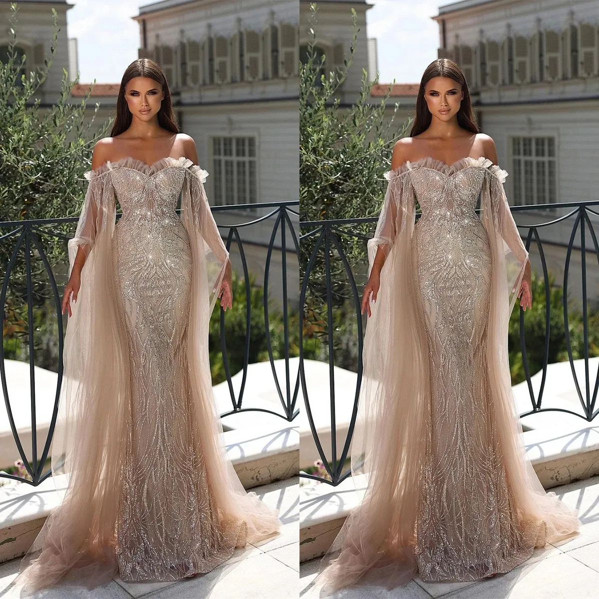 Stylish Champagne Mermaid Prom Dresses Off Shoulder Lace Party Dresses Long Sleeves Floor Length Custom Made Evening Dress