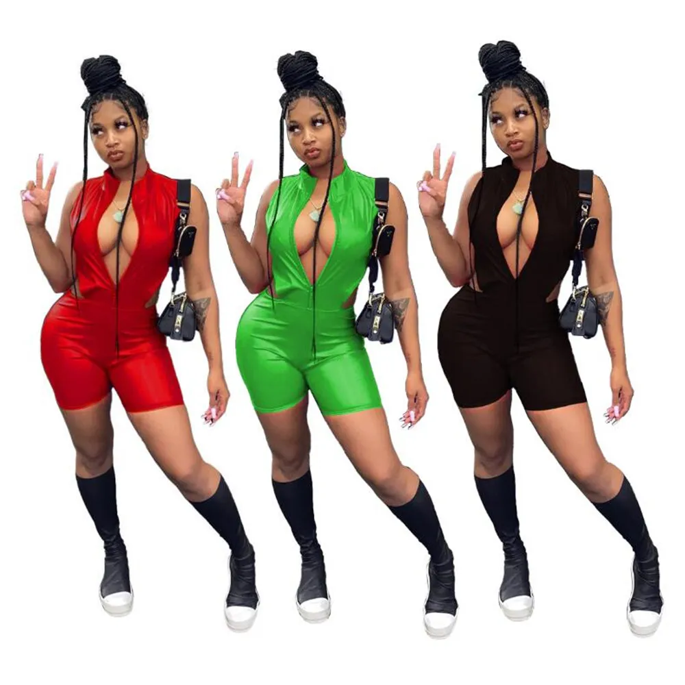 Designer Summer Leather Rompers Women Sleeveless Jumpsuits Sexy Hollow Out Zipper PU Playsuits Casual One Piece Overalls Bulk Wholesale Clothes 9508