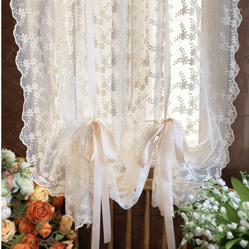 Curtain Short Kitchen French Window Treatment Tie Up Balloon Home Textile Sheer Panel Tulle Beige Embroidered Lace