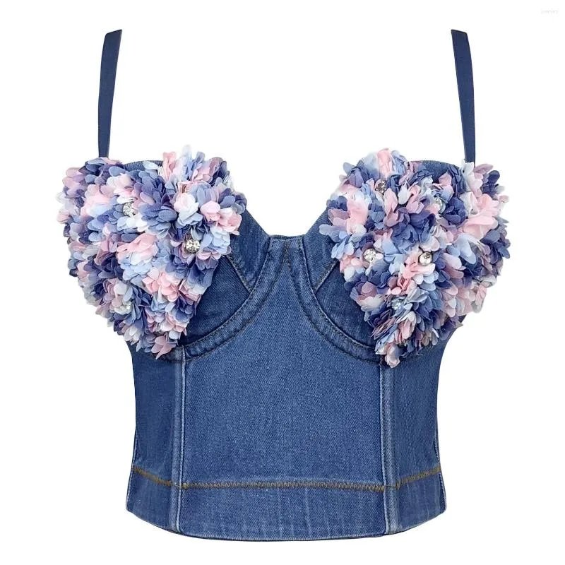 Kvinntankar denim kamisoler för kvinnor med build i bh jeans 3d blomma bustier korsett skörd topp för att slitna koreansk mode high street