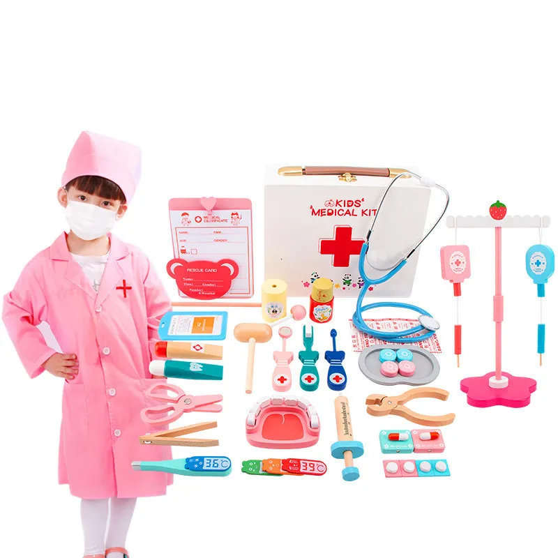 Other Toys Wooden Doctor Toy Set Simulation Family Nurse Kit Pretend Play Hospital Medicine Montessori Kid For Children 230320