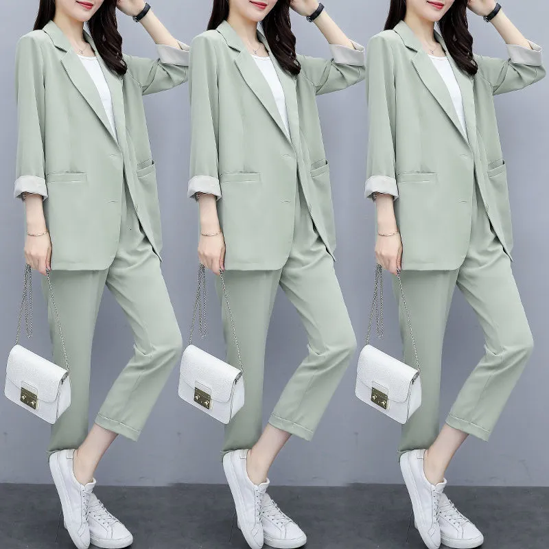 Women's Suits Blazers Vintage Women Pant Suit Women Casual Fashion Light Green Notched Blazer Jacket Pant Office Wear Women Suits Female Sets 230320