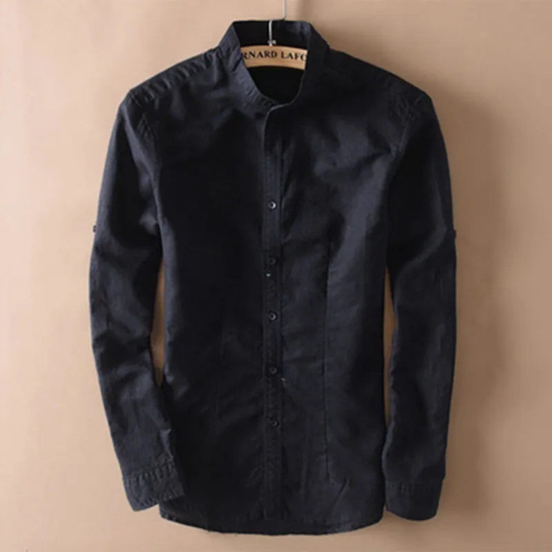 Men's Casual Shirts Fashion Men Cotton Linen Shirts Men Chinese Mandarin Collar Long Sleeve Slim Fit Solid Color Breathable Soft Linen Shirt XXL 230320