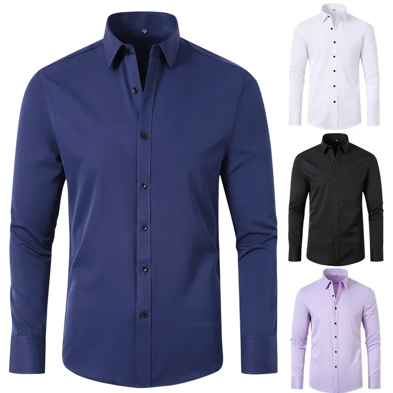 Camisas casuais masculinas 6xl primavera e outono camisa masculina moda sem ferro equipado luxo sólido mangas grandes de mangas elásticas versáteis casuais 230320