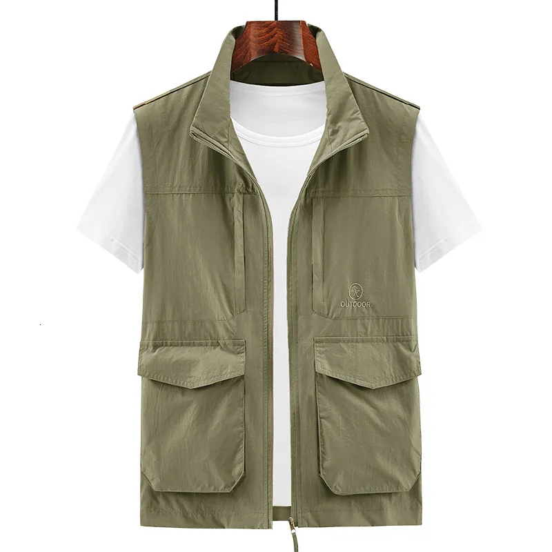 Mäns västar Summer Thin Outdoor Quickdrying ärmlös jacka POGRAFI Fiske MultiCocke Casual Men Vest Army Green Khkai Workwear 230320