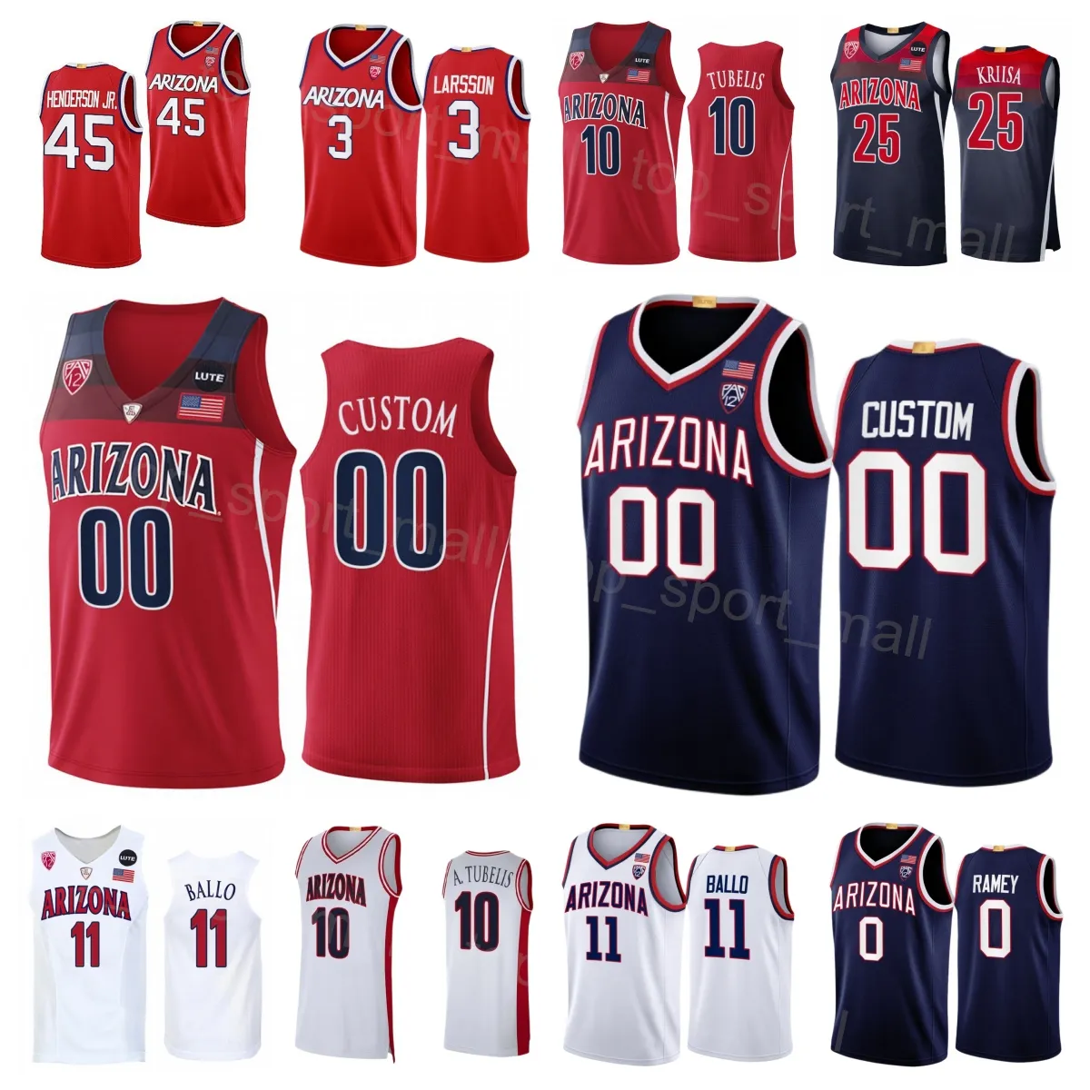 College Basketball Arizona Wildcats Jersey 10 Azuolas Tubelis 11 Oumar Ballo 0 Courtney Ramey 25 Kerr Kriisa 3 Pelle Larsson 45 Cedric Henderson Jr Stitched NCAA