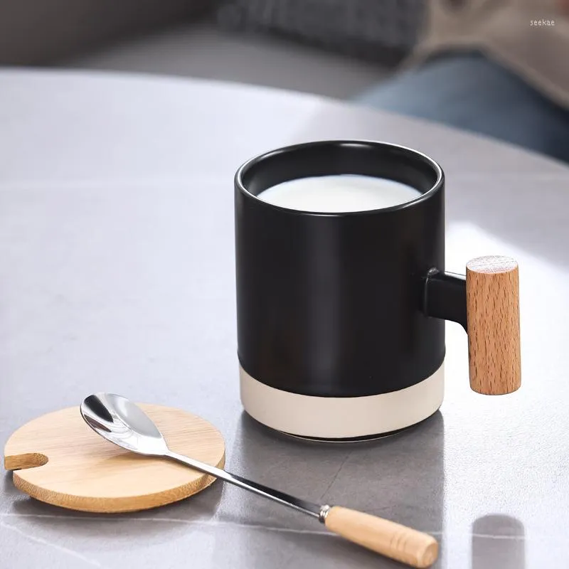 Tasses 360ml Manche En Bois Tasse Tasse À Café En Céramique Avec Couvercle Cuillère Tasses À Thé Cadeau Personnalisé Original Petit Déjeuner Drinkware Mignon