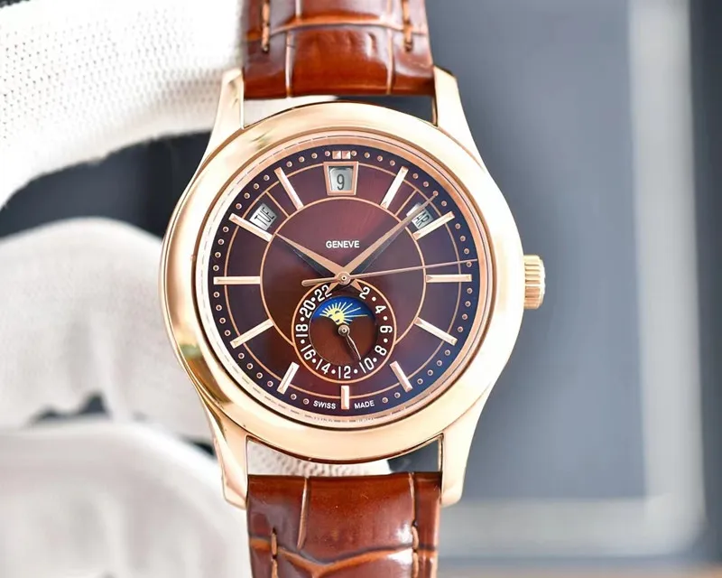 Four needles mens automatic mechanical watches 40mm full stainless steel leather strap wristwatches PATE Top luxury Brand watch Moon Phase Geneva montre de luxe