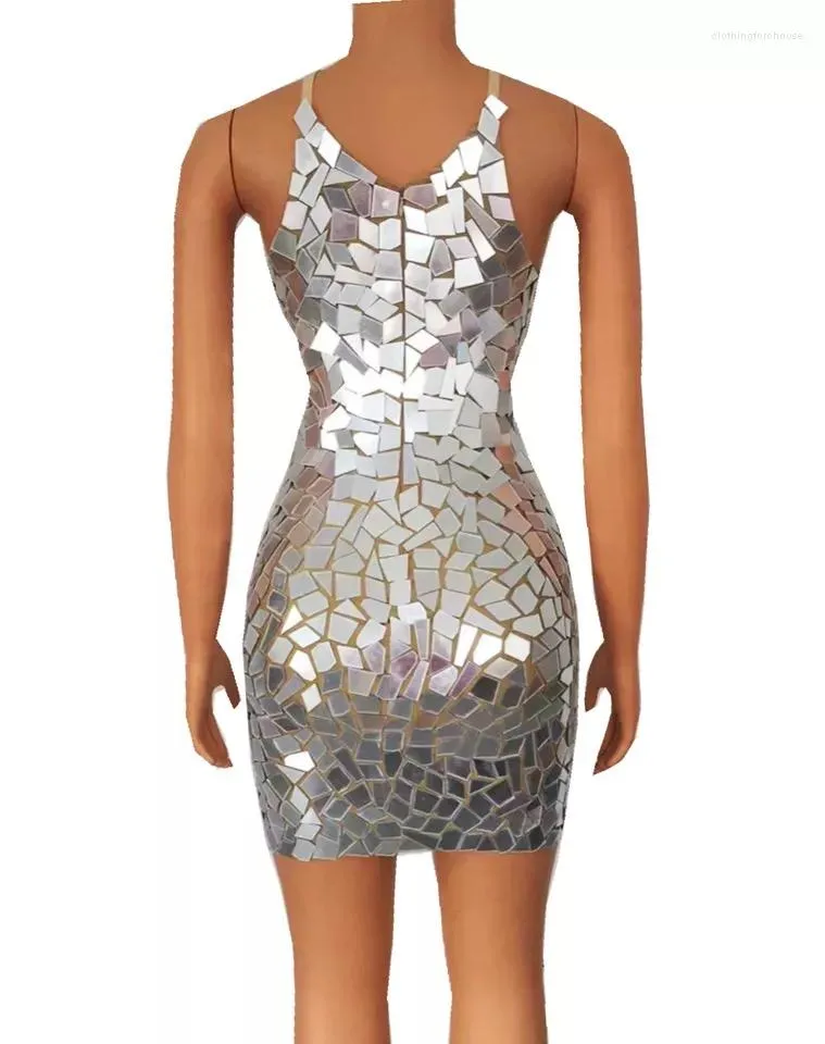 Vestidos casuales Espejos plateados brillantes Vestido sin mangas Noche Cumplea os Celebrar Traje Fiesta Traje sexy Bailarina Espect culo Ropa