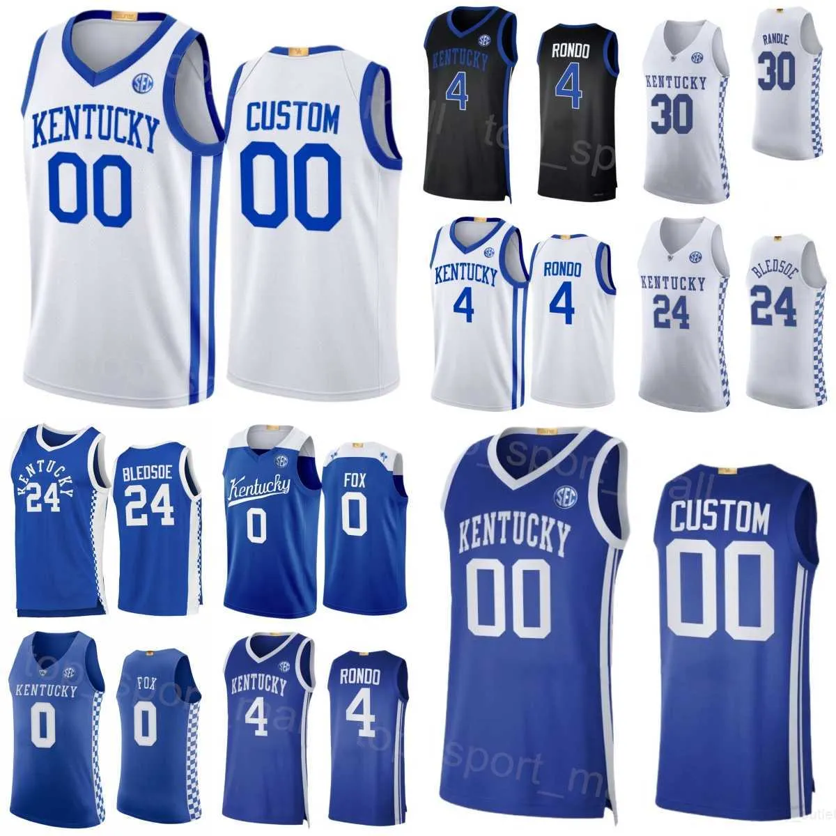 Kentucky Wildcats 4 Rajon Rondo Jerseys College Basketball 5 Malik Monk 0 DeAaron Fox 30 Julius Randle 24 Eric Bledsoe University Nero Blu Bianco Ricamo NCAA