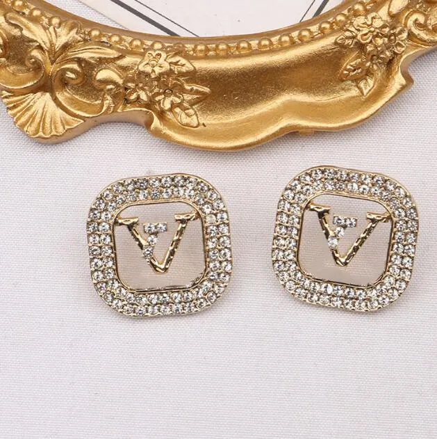 2Color 18K Gold Ploated Brand Designers v Letters Stud 925 Silver Geometric Simple Women Round Crystal Rhinestone Pearl Earring Wedding Party Joodlry