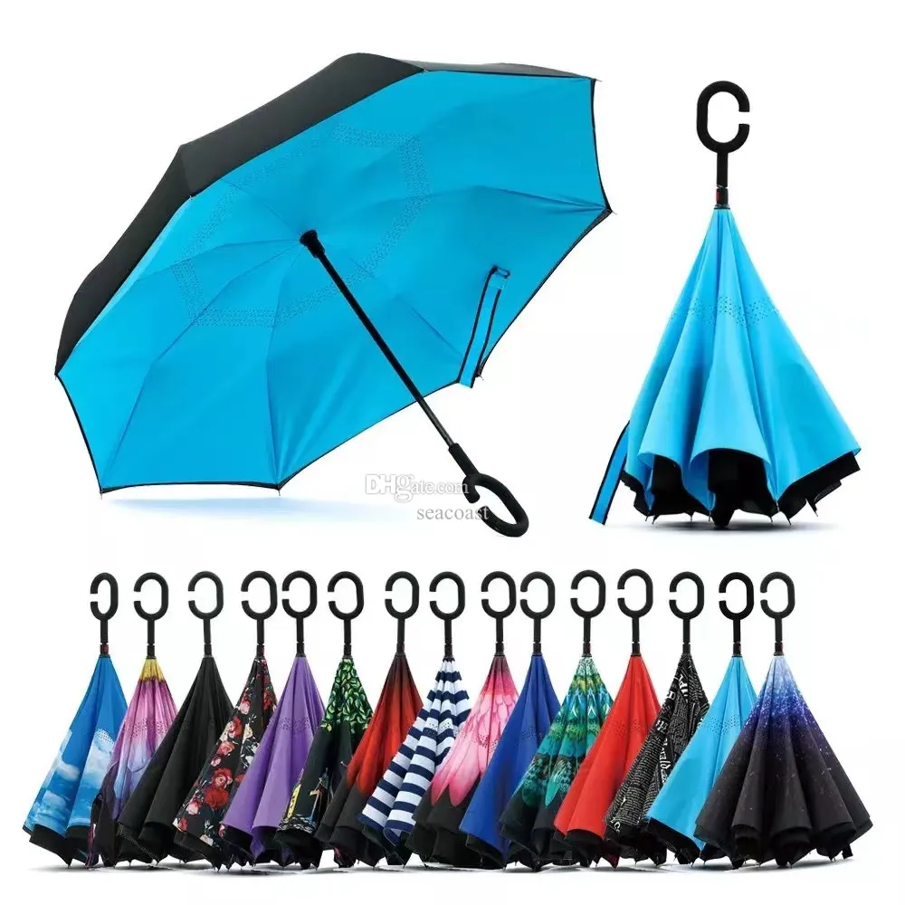 50pcs Parapluie Inversé Pliant 52 Styles Double Couche Inversé Long Coupe-Vent Pluie Voiture C-Crochet Poignée Parapluies