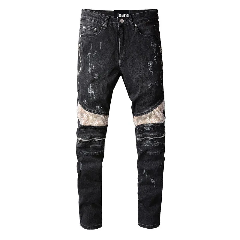 Mens Jeans Designer Jeans för Mens AM Fashion Märke Kontrast Panel Motorcykelbyxor Vintage Multi Pockets Slim Fit Elastic Wrinkled Patched Stacked Jeans Men