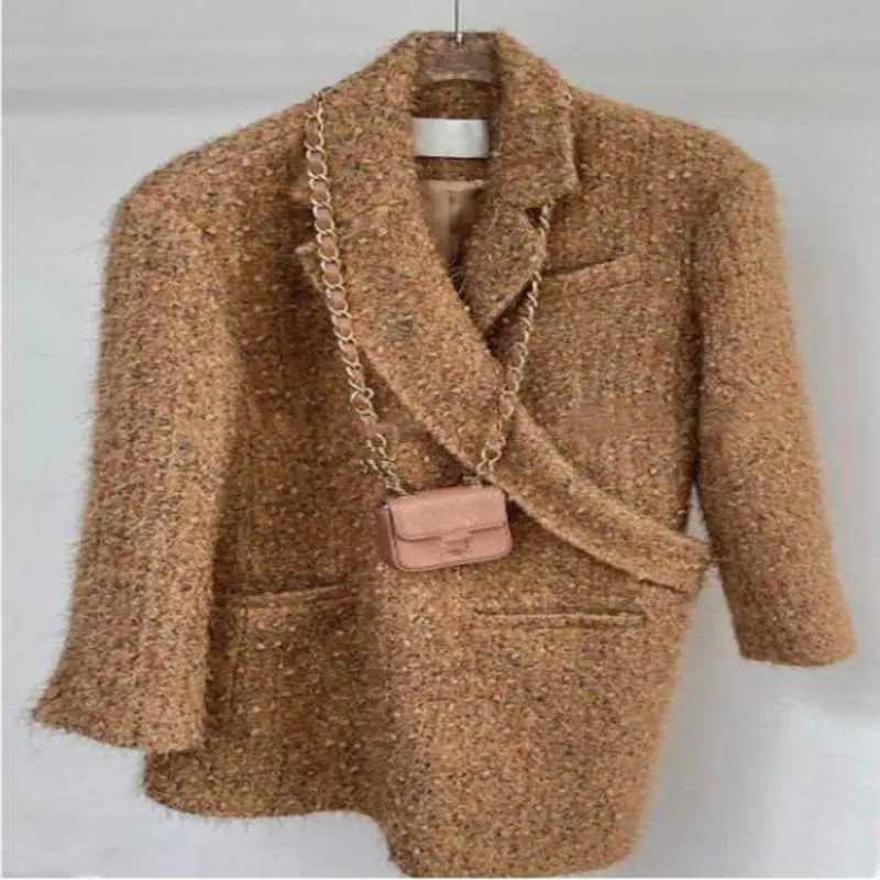 Kvinnors kostymer blazers fransk stil vinterväv tweed ull blandningar blazer kvinnor litet doft temperament tjockt utkläder