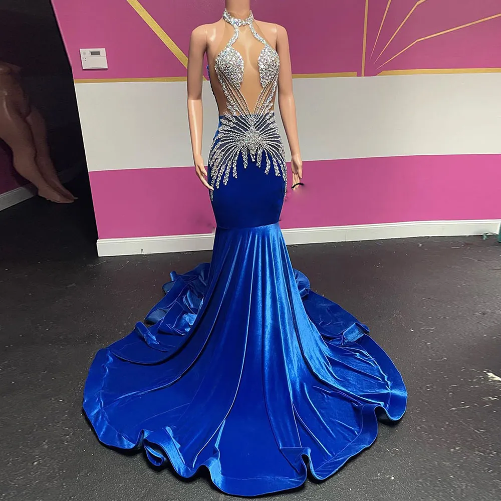 Sexy voir à travers sirène robes de bal licou strass robe de concours bleu Royal balayage Train filles spécial Ocn Robes 326 326