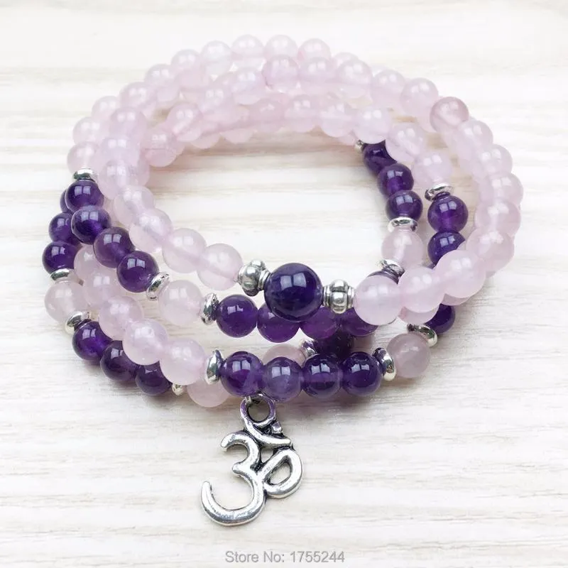 Strand Beaded Strands Natural Stone Wrap Prayer Bracelet 108 Mala Beads Crystal Rose Yoga Spiritual JewelryBeaded