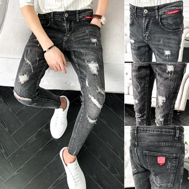 Men's Pants Summer 2023 Fashion Denim Jeans Men's Ripped Ankle Length Korean Small Feet Wild Beggar Teenagers Pencil