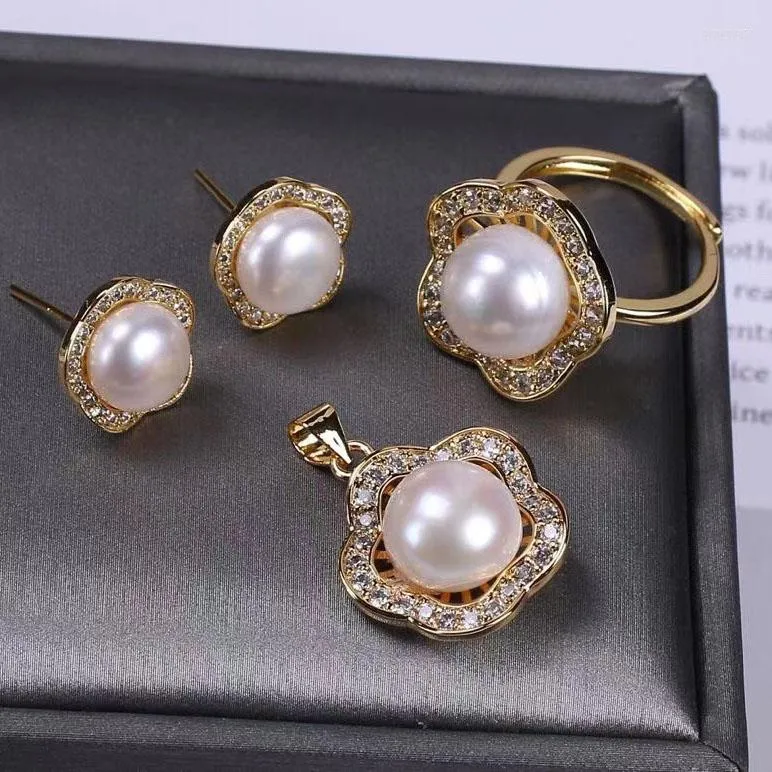 Correnturas naturais de jóias de casamento de ouro branco de pérolas brancas para mulheres brincos colar de pingente anel de zircão de zircão presente de aniversário presente