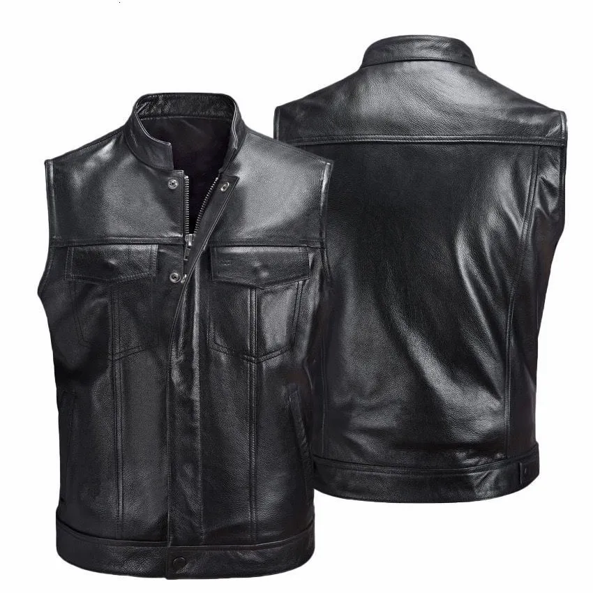 Coletes masculinos Idopy Men Black Motorcycle Coloat Macho Macho de couro Faux Zipper Clre Biker Sleevess Jacket Colet Plus Size 230320