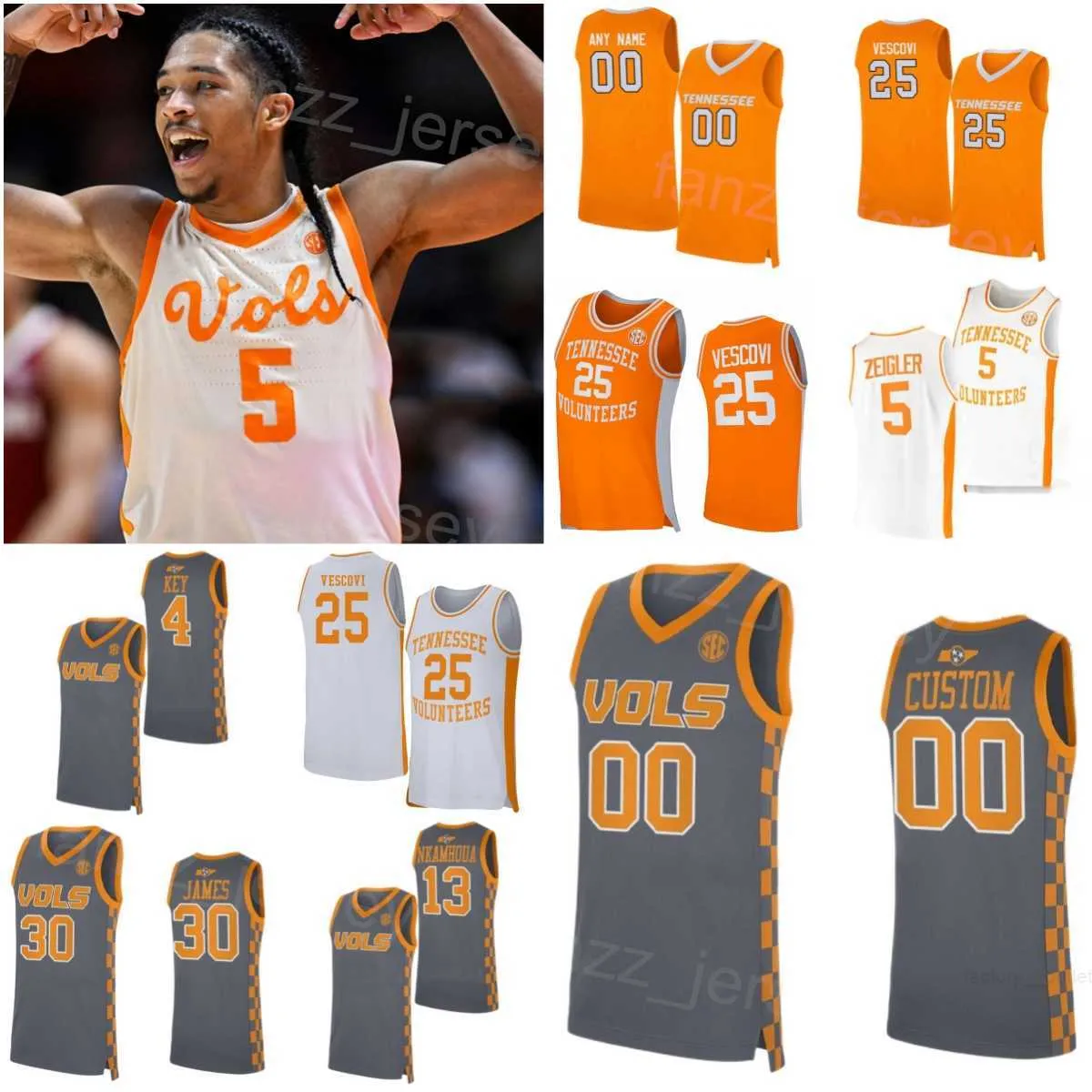 Basketball universitaire 25 Maillots Santiago Vescovi Tennessee Volunteers 5 Zakai Zeigler 13 Olivier Nkamhoua 30 James 2 Julian Phillips 4 Tyreke Key Stitched Team NCAA