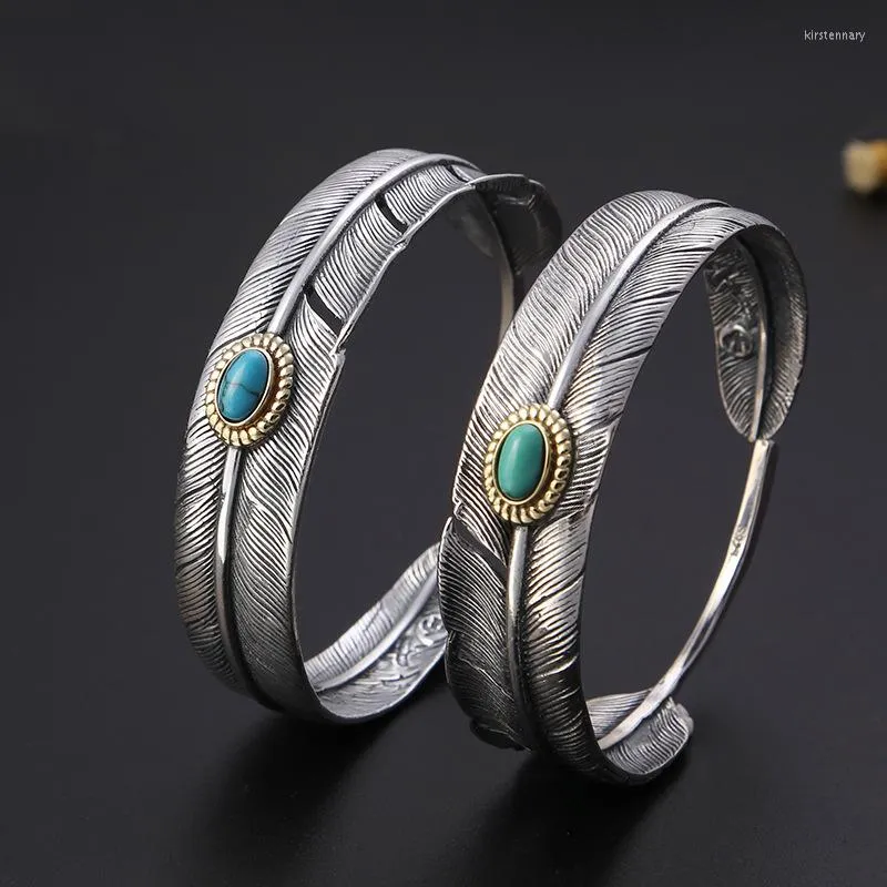 Bangle 925 Sterling Silver Feather Shape Open Armband Thai Bangles Puck Classic Blue Green Stone Jewelry