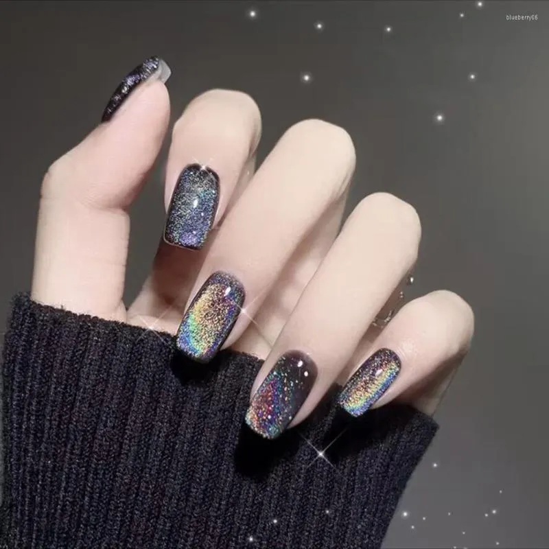 Yanlış Nails 24 adet Aurora Tırnak Kedi Gözü Siyah Sahte Tam Kapak Glitter Tabut Basın Gelin Bayan Manikür Akrilik Ucu