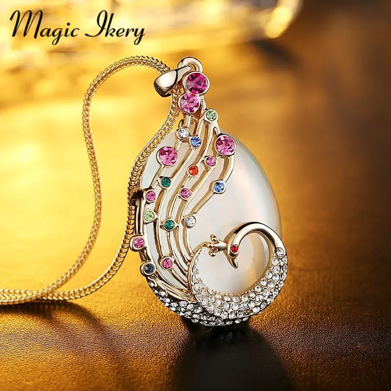 Anhänger Halsketten Magic Ikery Rose Gold Farbe Kristall Opal Boho Ethnische Pfau Gallenblase Lange Modeschmuck Für Frauen 00046