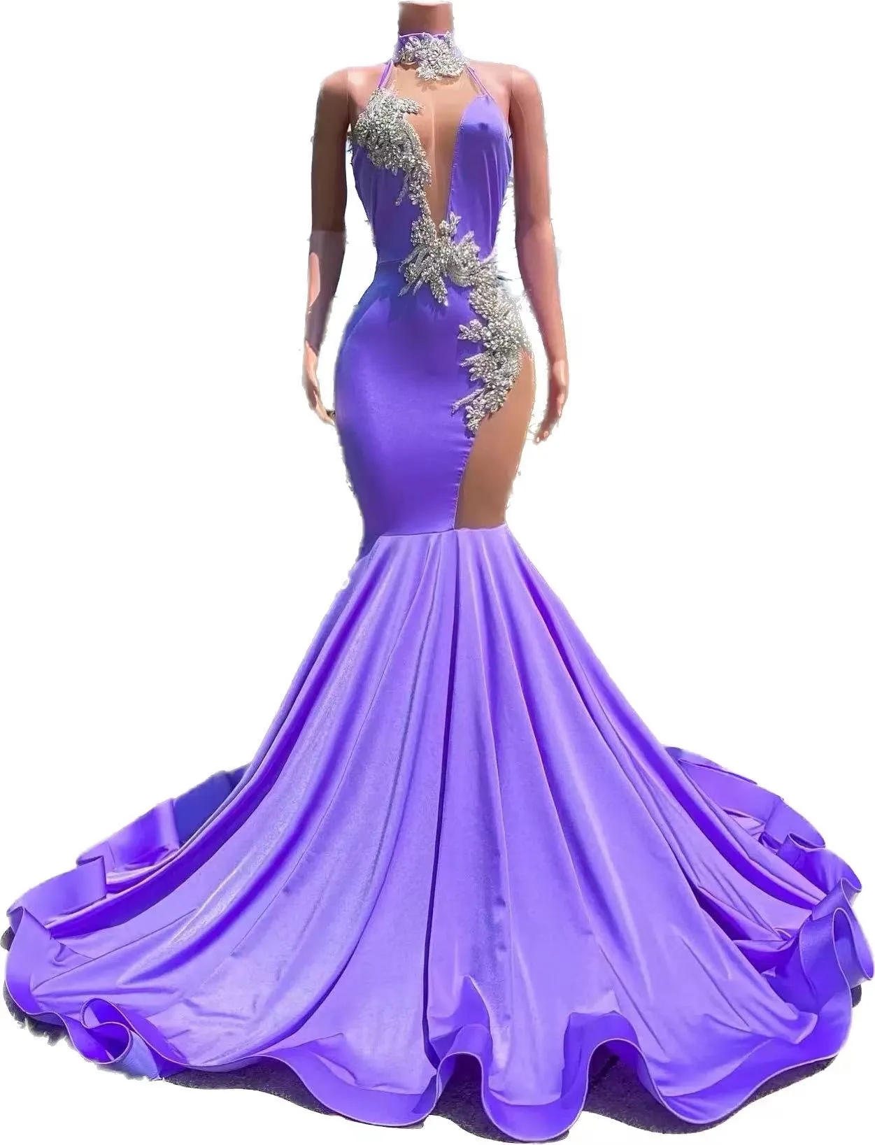 Crystal Purple Mermaid Prom Dresses 2023 Halter Backless Long Evening Dress Black Girls Beaded Party Wear Robe De Soiree Vestidos De Noche Abaya BC15309 GJ0318